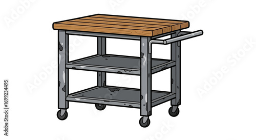 Illustration of an Industrial Metal Cart with Wooden Top and Wheels