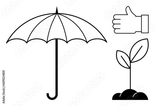 Umbrella, thumbs-up, and plant sprout with leaves on soil. Ideal for security, support, environment, growth health positivity simple landing page. Line metaphor. Simple line icons