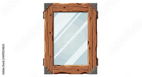 Isolated rustic wooden mirror with corner brackets for home decor