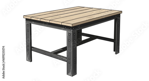 Isolated Workbench Illustration with Wood Surface and Metal Frame Design