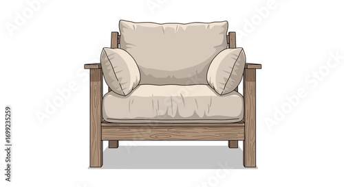 Minimalist armchair with wooden frame and comfy cushions illustration