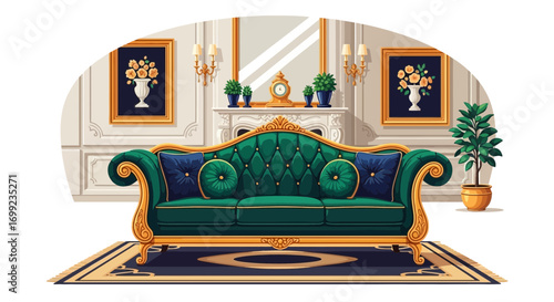 Luxury home interior with a green velvet sofa and elegant decorations