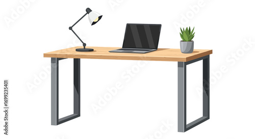 Minimalist desk setup with laptop, lamp, and plant vector illustration
