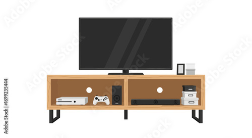 Minimalist home entertainment setup, modern tv and console furniture illustration