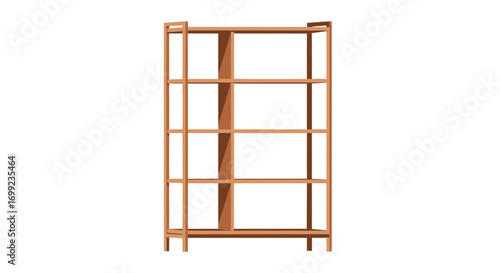 Minimalist empty wooden bookshelf with five shelves on white backdrop