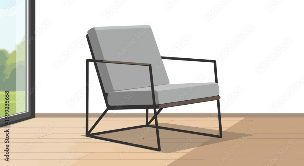 Fototapeta premium Modern armchair indoor scene with patio view minimalist apartment design