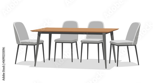 Modern dining arrangement featuring a wooden table with seating for four