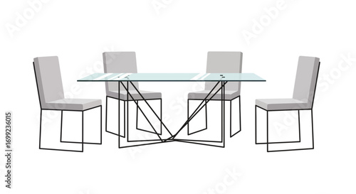 Modern dining set with a glass table top and four elegant chairs