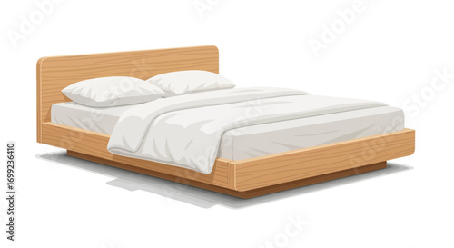 Modern Platform Bed with White Linens in Simple Vector Illustration