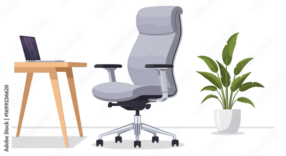 Fototapeta premium Modern Workspace Illustration with Ergonomic Chair and Desk Arrangement