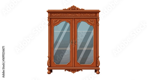 Ornate wooden cabinet with glass doors and vintage decorative details