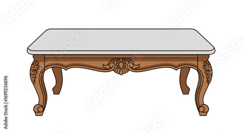 Ornate wooden coffee table with a marble top isolated on white background
