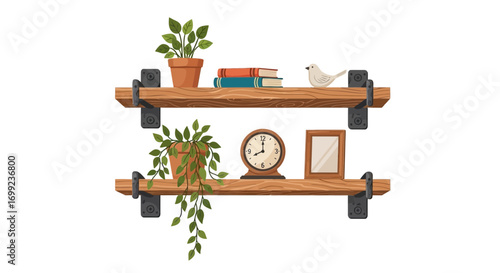 Rustic shelves adorned with greenery, books and decorative home accents