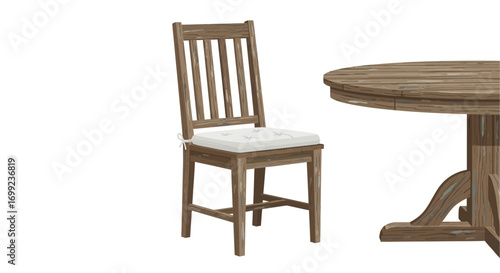Rustic wooden chair with cushion and round table for dining scene