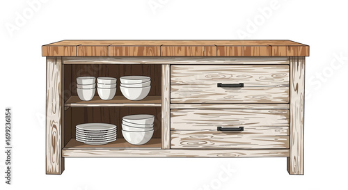 Rustic wooden cabinet with tableware adding a touch of charm to the interior