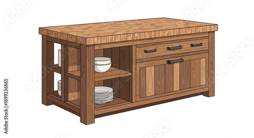 Rustic Wooden Kitchen Island with Storage and Drawers Illustration