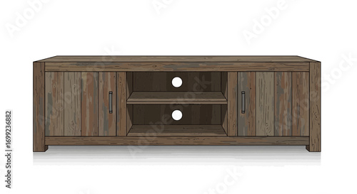 Rustic wooden media console illustration with doors and open shelving