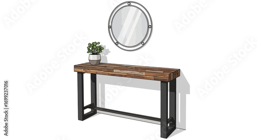 Stylish console table with wooden top, metal frame and decorative mirror