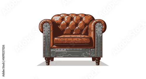 Stylish Brown Leather Armchair with Metal Frame on White Background