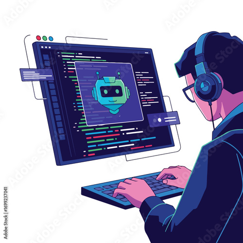 Programmer developing an artificial intelligence chatbot on a computer screen.