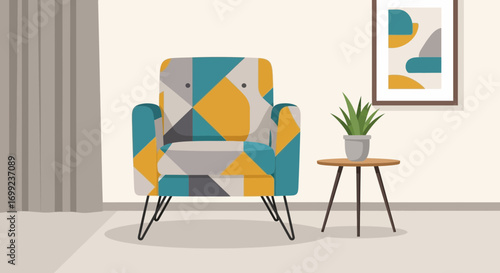 Stylish interior design featuring armchair, plant, and abstract artwork
