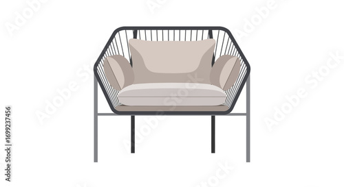 Stylish wire frame lounge chair with soft cushion and throw pillows