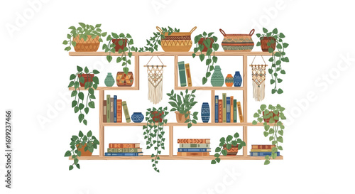 Whimsical bookshelf adorned with plants, books, and macrame art pieces