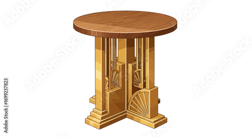 Artistic vintage wooden round table illustration with unique accents