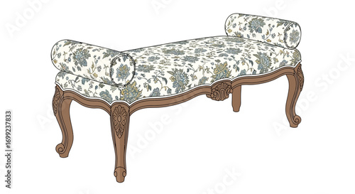 Stylized Louis XVI Style Bench with Floral Pattern Fabric and Wooden Frame