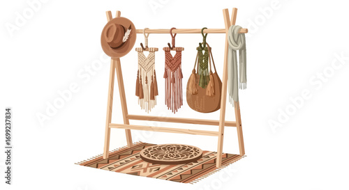 Artistic Wooden Rack Displaying Bohemian Style Accessories and Decorations