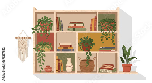 Bohemian bookshelf arrangement with plants, books, and handcrafted decor