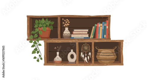 Bohemian bookshelf illustration with plants, decor, and books adding warmth