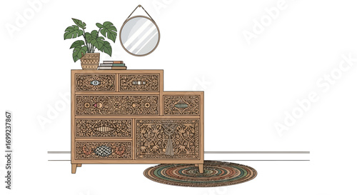 Bohemian chic dresser illustration with indoor plant and mirror detail