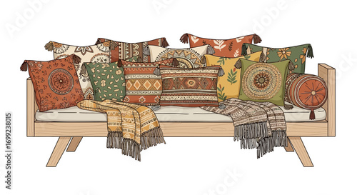 Bohemian Style Couch with Ornamental Pillows and Throws Artistic Design