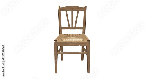 Vintage wooden chair with woven seat on white backdrop, antique style