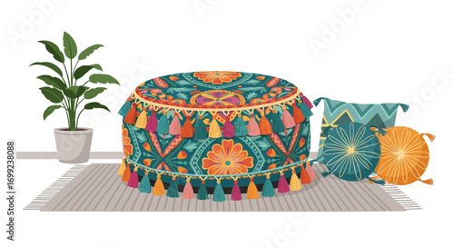 Boho-inspired interior scene featuring a patterned ottoman and decorative pillows