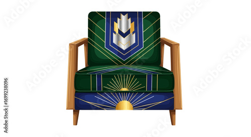 Charming art deco armchair, wooden frame, emerald and blue upholstery
