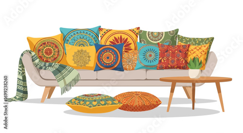 Colorful Boho Living Space Featuring a Sofa and Decorative Pillows