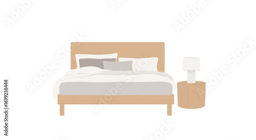 Cozy bedroom scene with a minimalist bed and nightstand illustration
