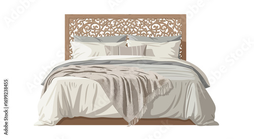 Cozy bedroom interior illustration with ornate headboard design element