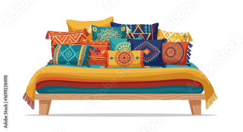 Cozy Bohemian Bed with Decorative Pillows and Colorful Striped Blanket