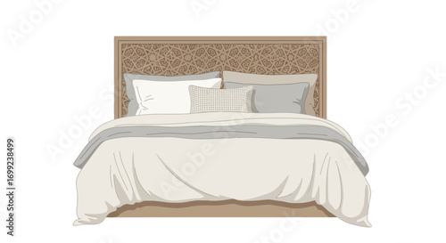 Cozy bedroom setup featuring a decorated wooden headboard and soft bedding