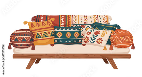Cozy bohemian sofa adorned with decorative pillows and patterned textiles