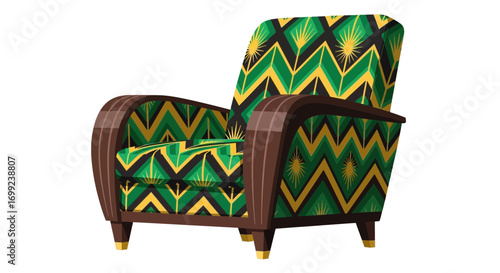 Decorative armchair upholstered with geometric patterned fabric on white backdrop