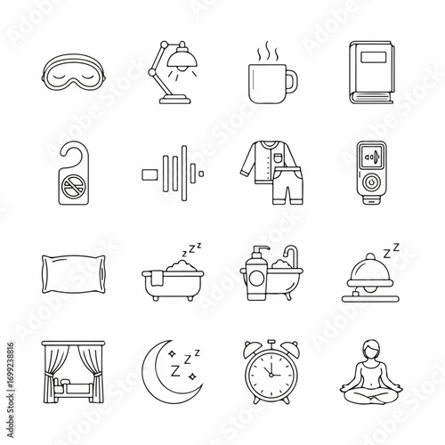 Sleep hygiene and bedtime routine linear icons collection.
