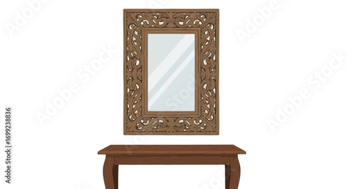 Decorative interior vector featuring a wooden table and mirror set, creating a rustic ambience