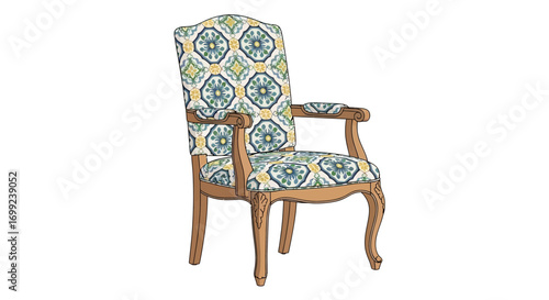 Elegant armchair showcasing vintage tile pattern upholstery and carved frame