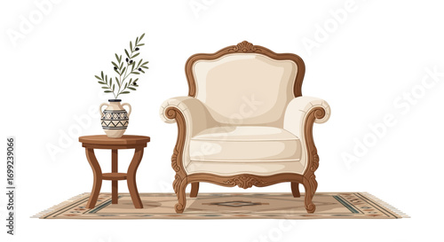 Elegant armchair vignette with decorative table and plant arrangement