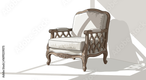 Elegant armchair with elaborate wood carving casts shadows on a wall