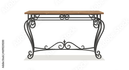 Elegant Console Table with Ornate Metalwork and a Wooden Tabletop Design